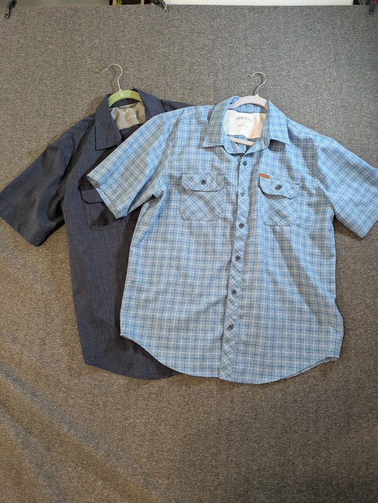Orvis Men’s Lot Of 2 Short Sleeve Button Up Shirts Size L Gray & Blue Plaid