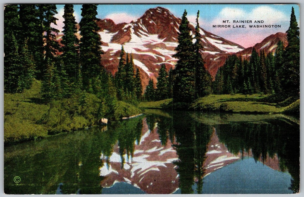 Vtg Linen Postcard MT Rainier Mirror Lake, WA 1930s