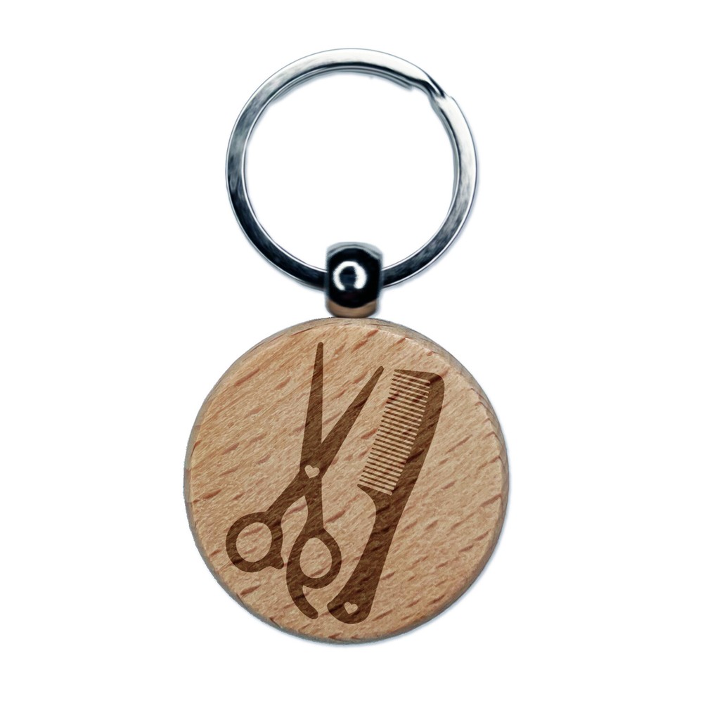 Hair Cutting Comb Scissors with Hearts Engraved Wood Round Keychain Tag Charm