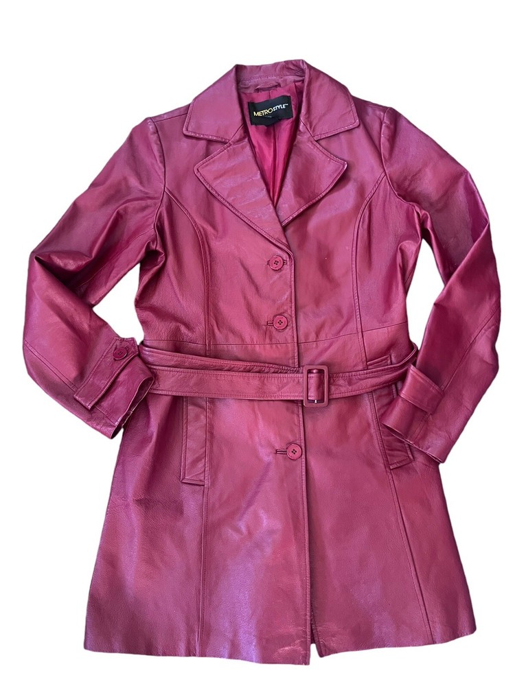 Metro Style Y2K Mid length Leather  Coat Red Button Down Belt Tie Women’s Size 6