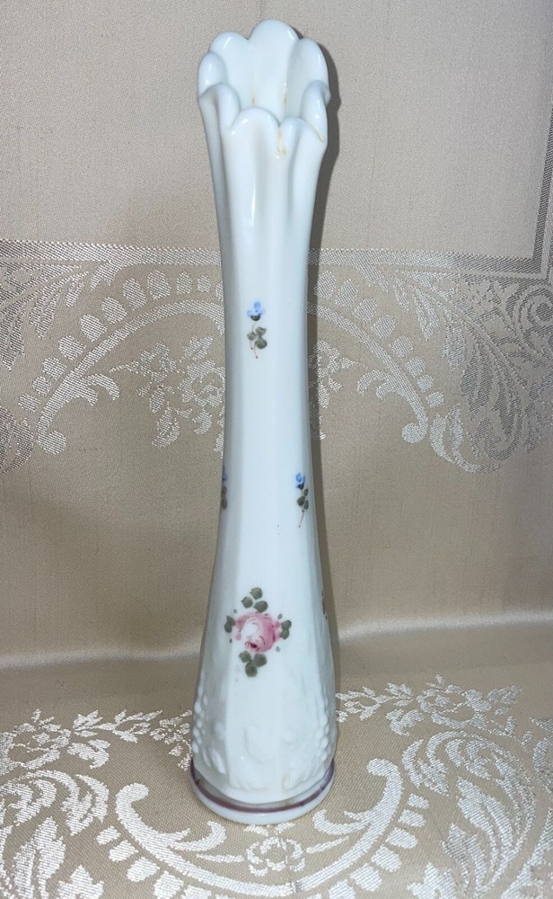 Fenton White Milk Glass Bud Vase Hand Painted Pink and Blue Roses