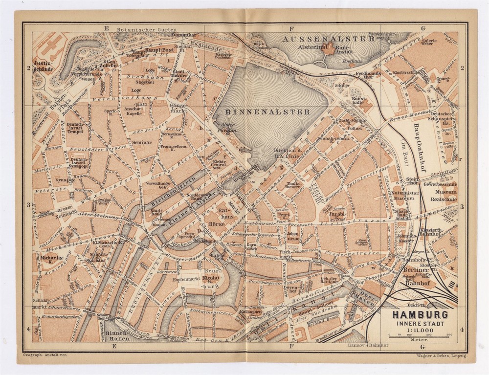 1904 Antique City Map Of Hamburg / Center Downtown / Germany
