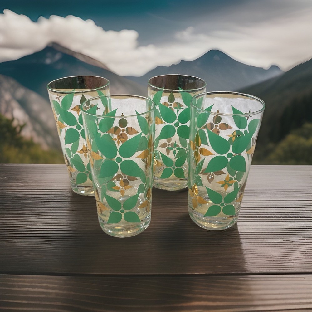Vintage Mid-Century Modern Gold & Green Drinking Glasses Set of 4 12 oz MCM