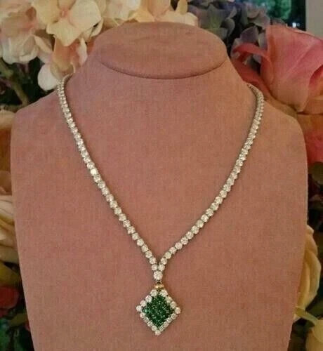 15CT Round Lab Created Diamond & EmeraldTennis Necklace 14KWhite Gold Plated 18