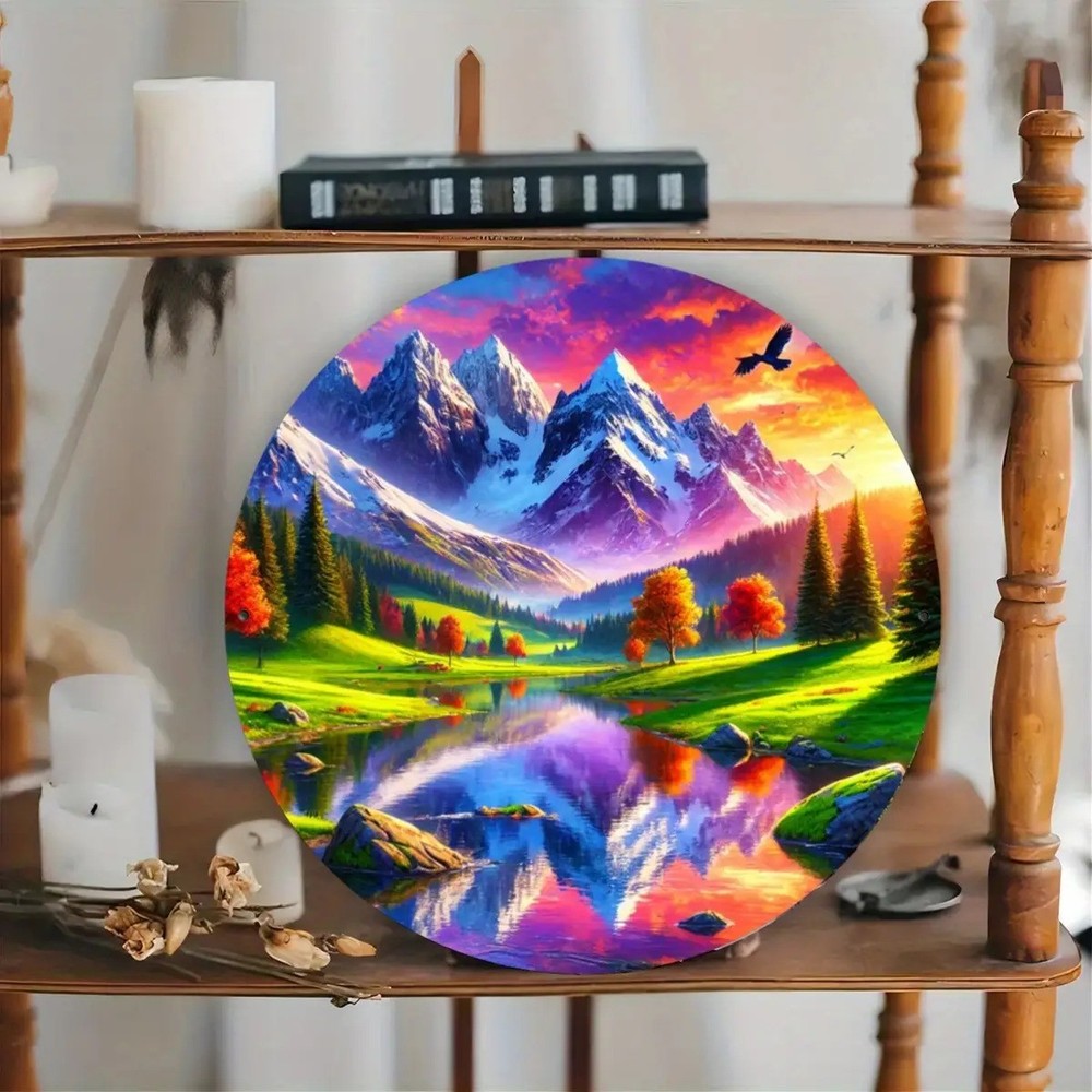 Mountain Lake Sunset Round Aluminum Carved Wall Art