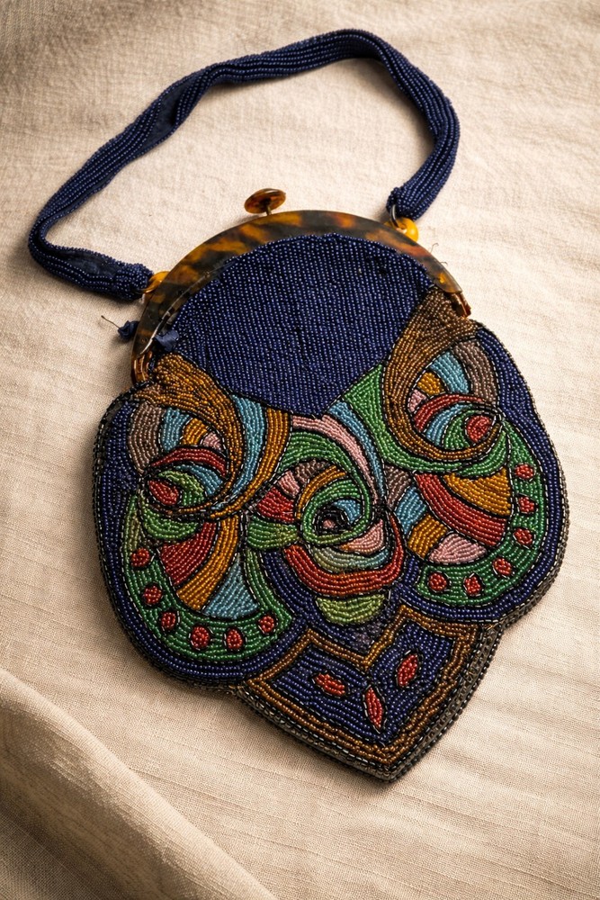 Antique Art Deco Beaded Purse Celluloid Frame Jewel Tone 1920s Flapper Nouveau