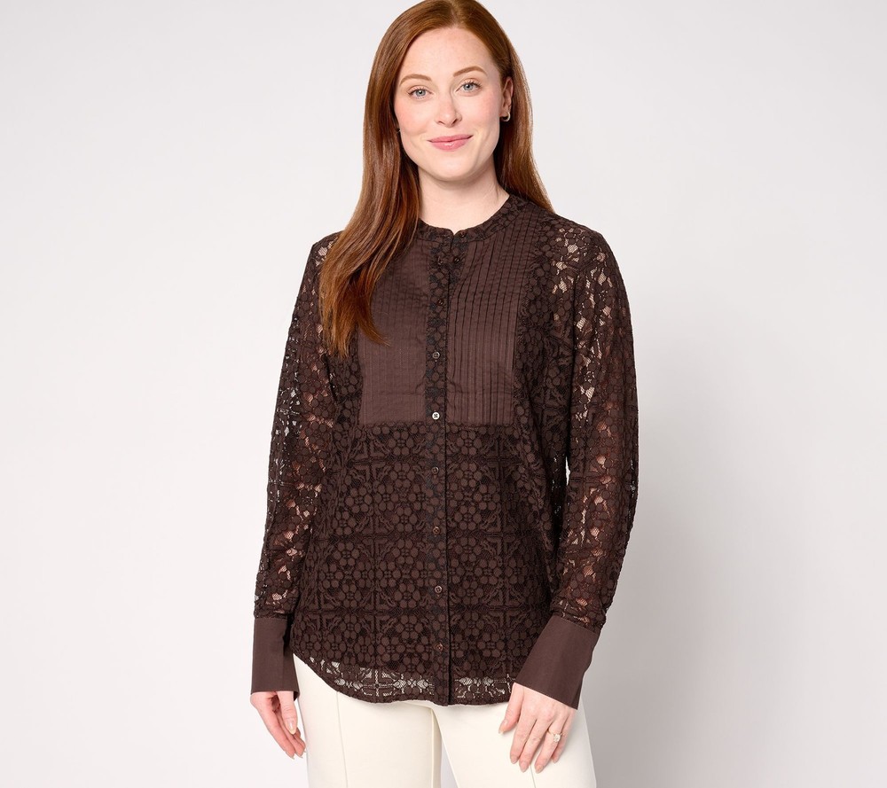 SUNNYLiFE Women's Top Plus Sz 2X Button Front Lace Shirt Knit Tank Brown A667168