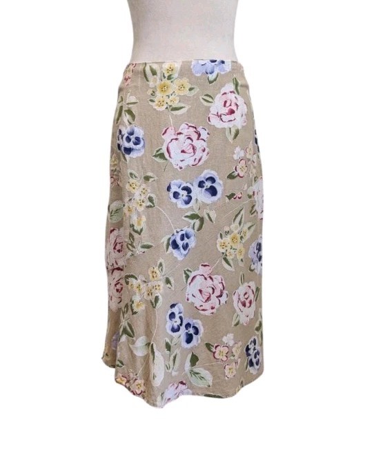 Y2K Linen Blend Skirt Womens Size 6 Floral Beige Cottagecore Summer Midi