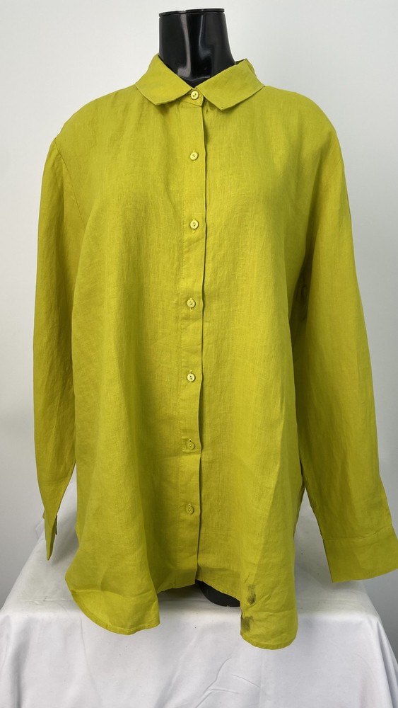 Eileen Fisher Womens Handkerchief Shirt Citron Green Size M Organic Linen Button