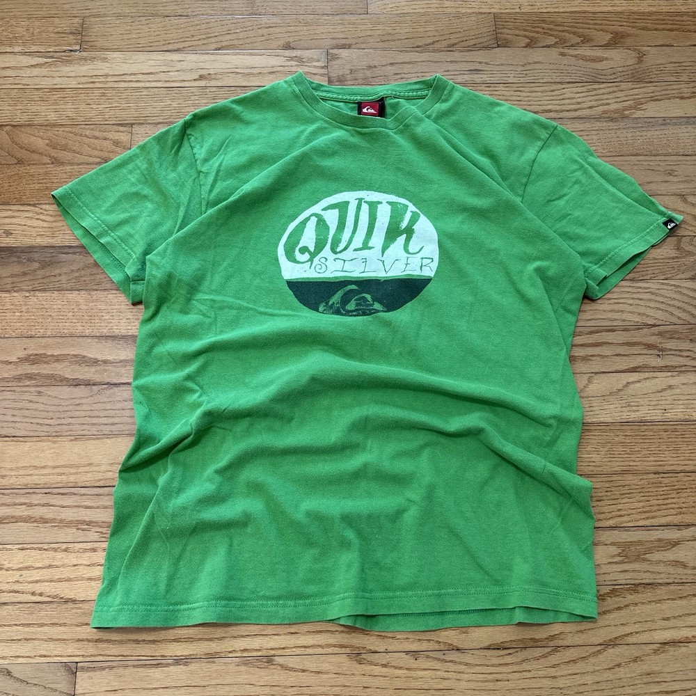Vintage Y2K Quicksilver T shirt Surf Graphic Spell Out Green Men’s Size Large