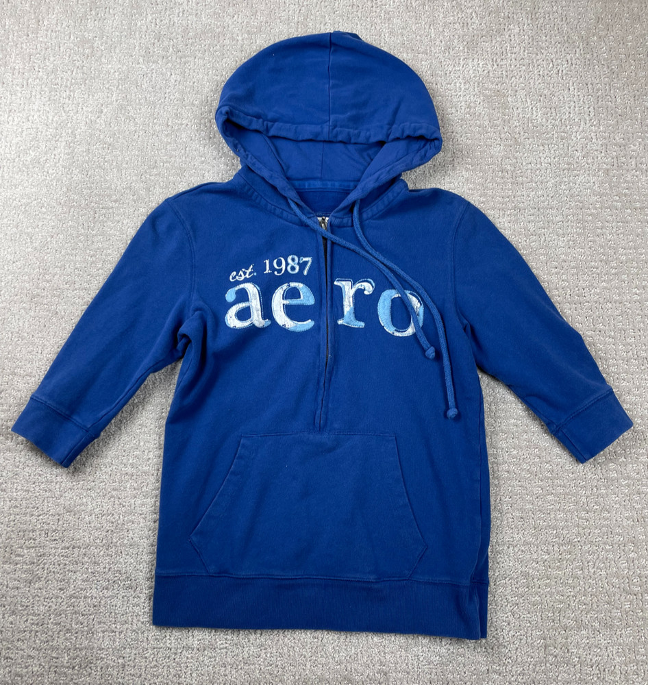 Vintage Y2K Aeropostale Hoodie Womens M Blue 1/2 Zip Short Sleeve Spellout Goth