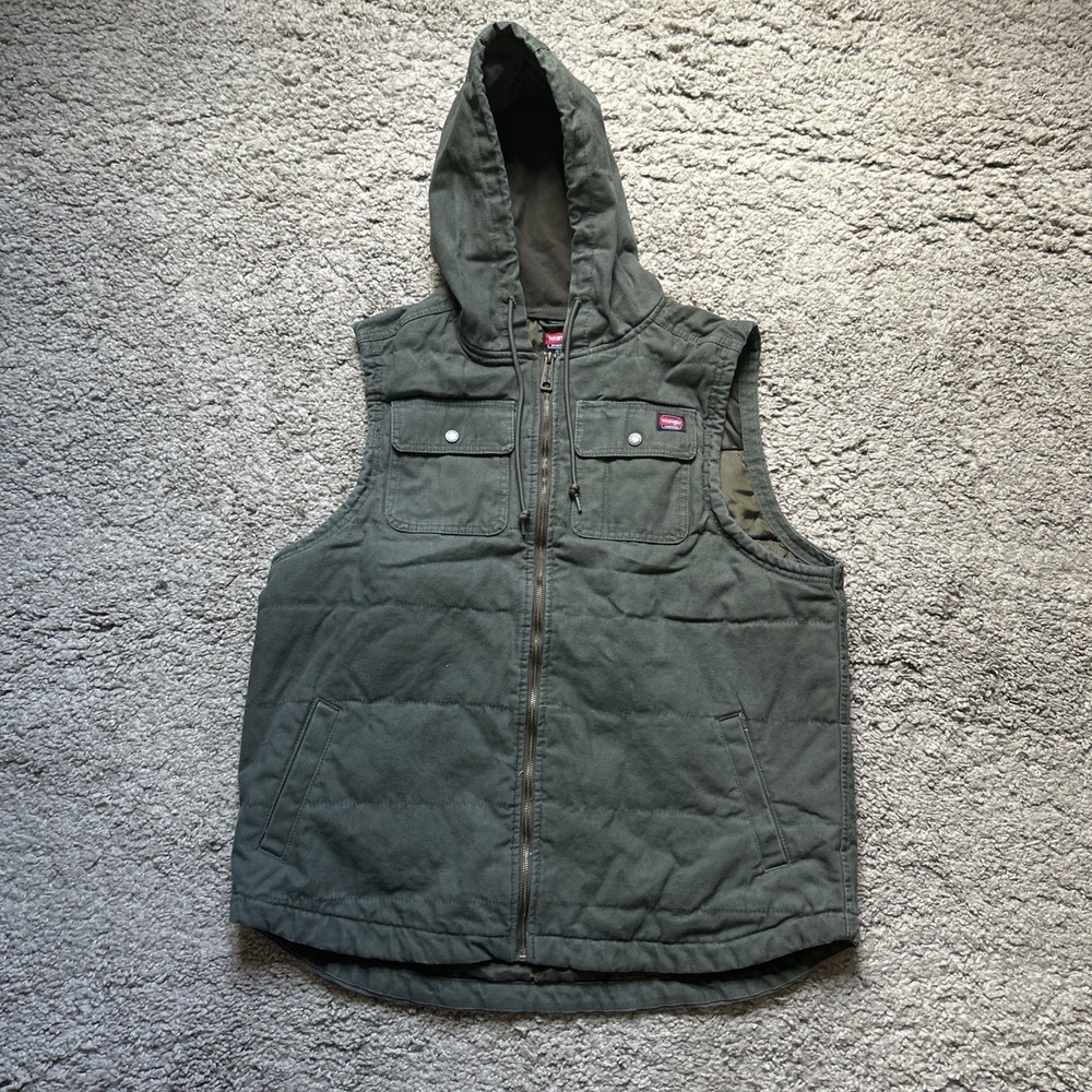 Wrangler Workwear Mens XL Olive Green Hooded Canvas Quilted Vest