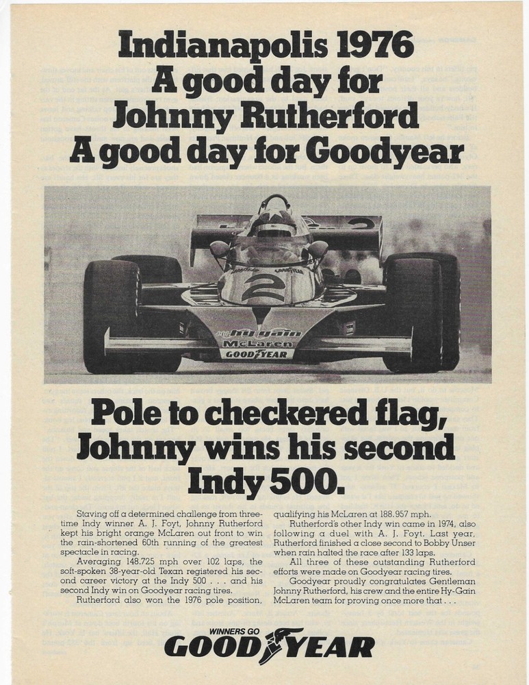 1976 Indy 500 Johnny Rutherford  Good Year  Original Print Ad