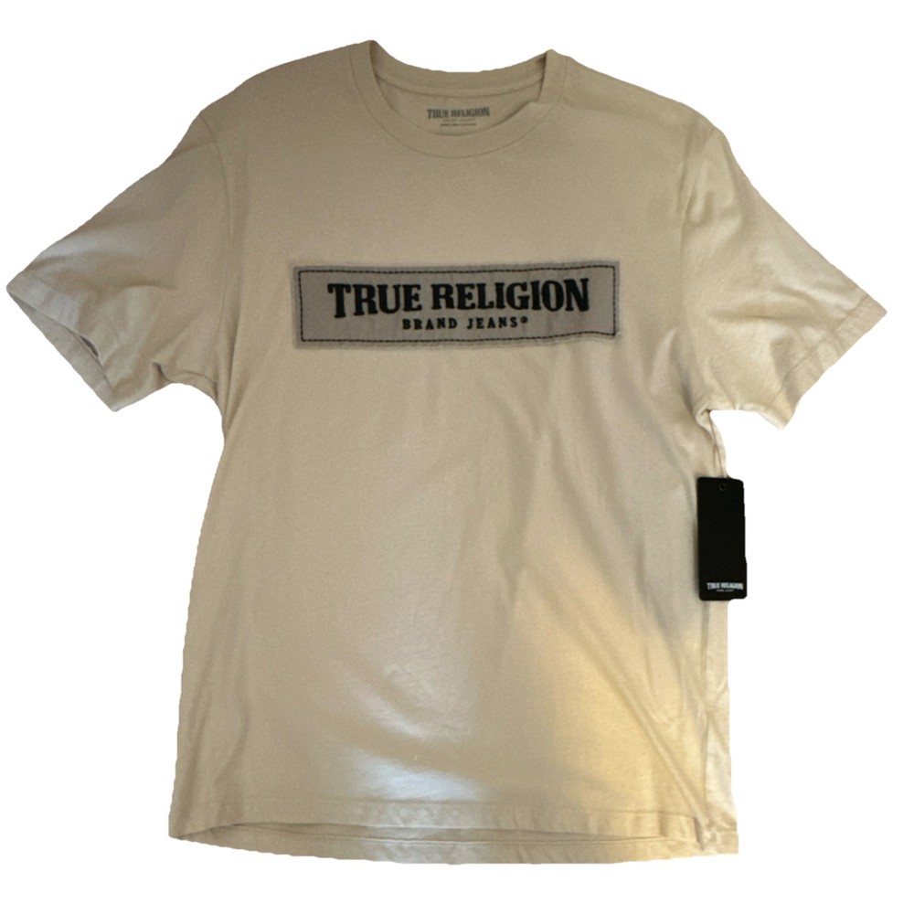 True Religion Men's M Beige Logo Graphic Print Crew Neck Short Sleeve T-Shirt