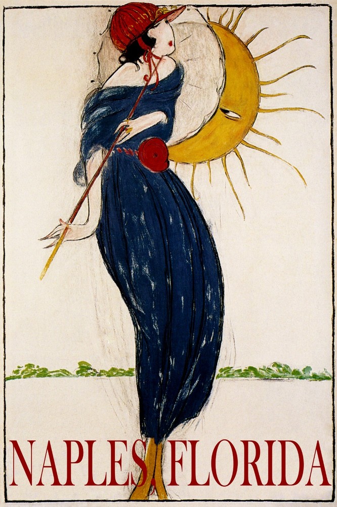 Vintage Summer Naples Florida Sun Flirting Woman Umbrella Poster Reproduction with Free Shipping