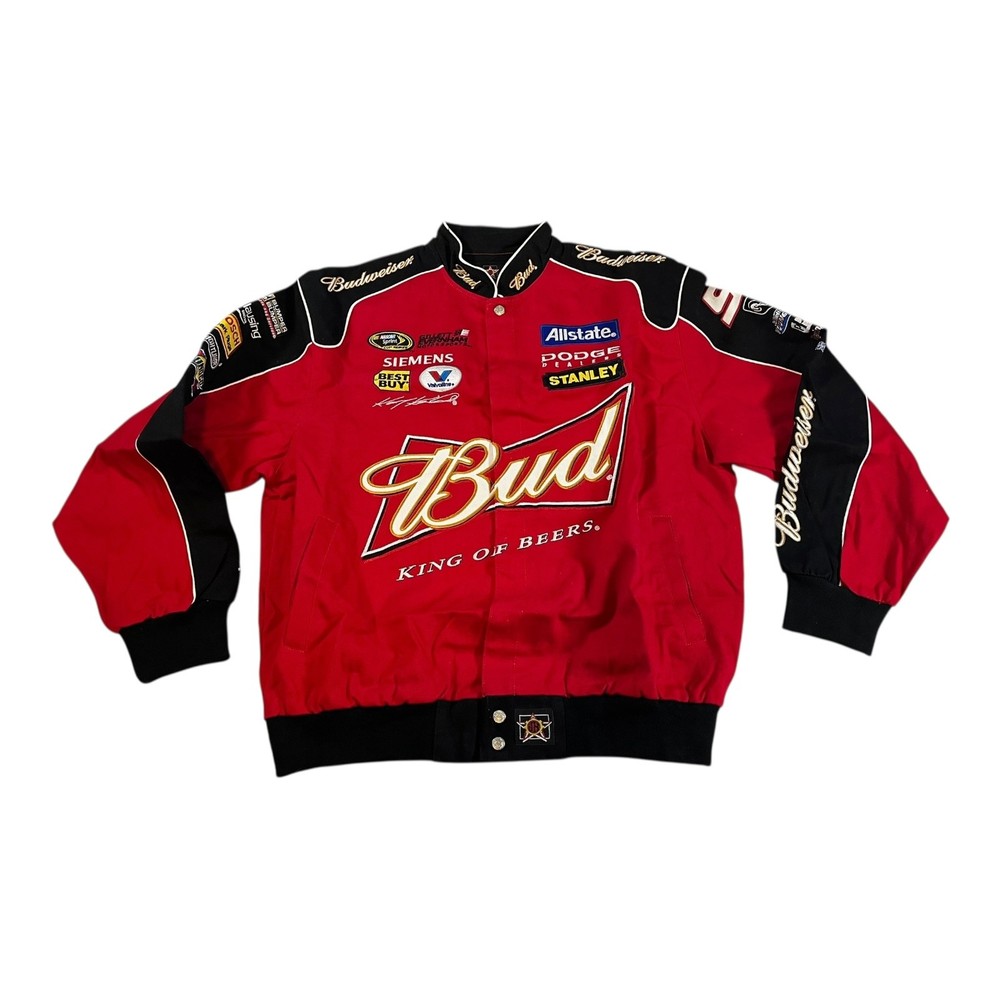 JH Design Budweiser NASCAR Racing Jacket Mens XL Red Black Embroidered Logos