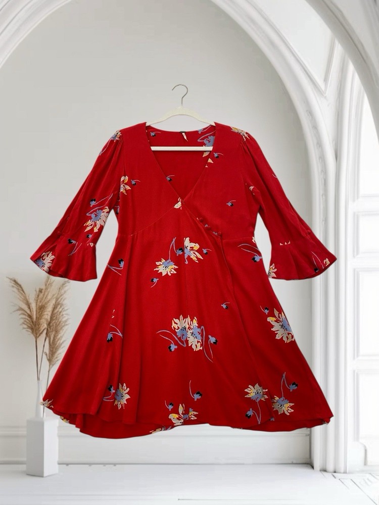 Free People Time On My Side Red Floral Mini Wrap Dress Size Small $98