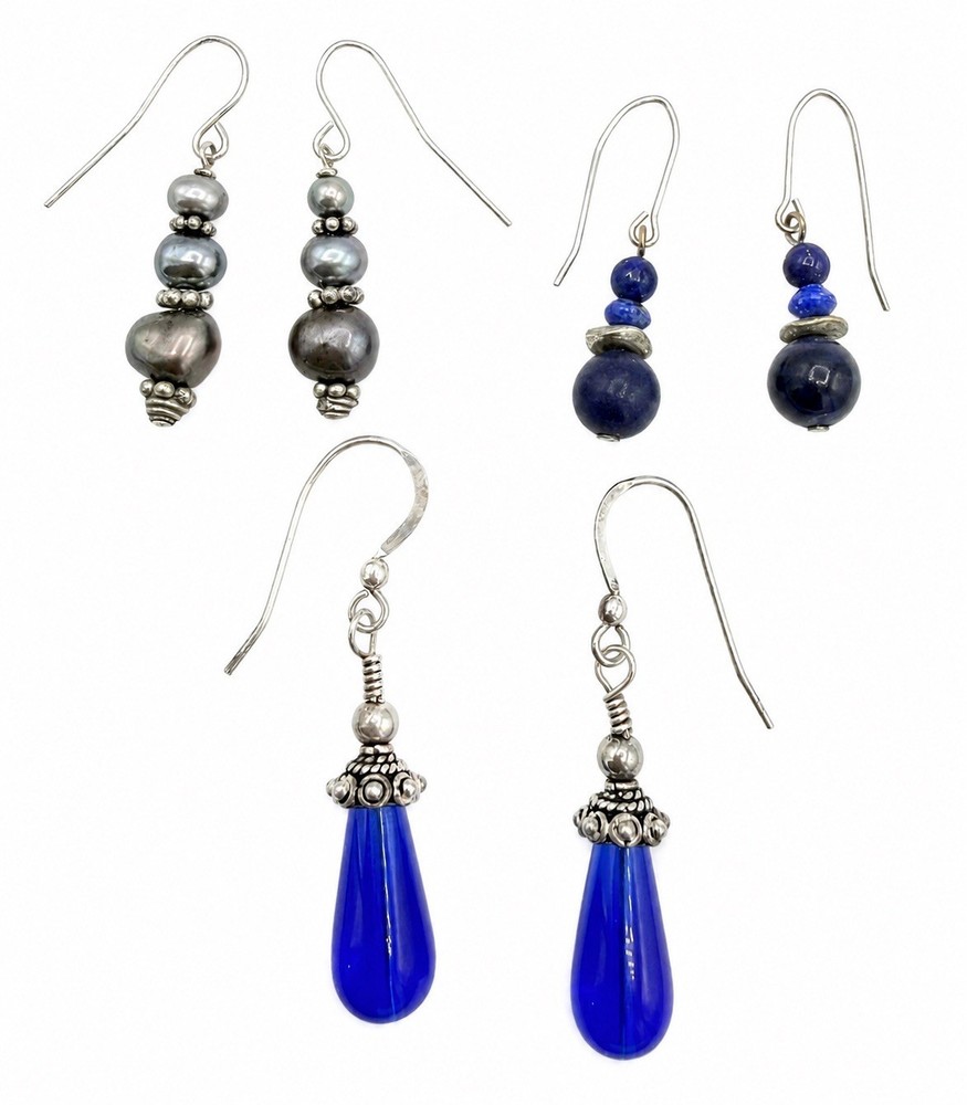 Vintage 925 Sterling Silver Blue Dangle Earrings Lot Pearl Lapis Lazuli Glass