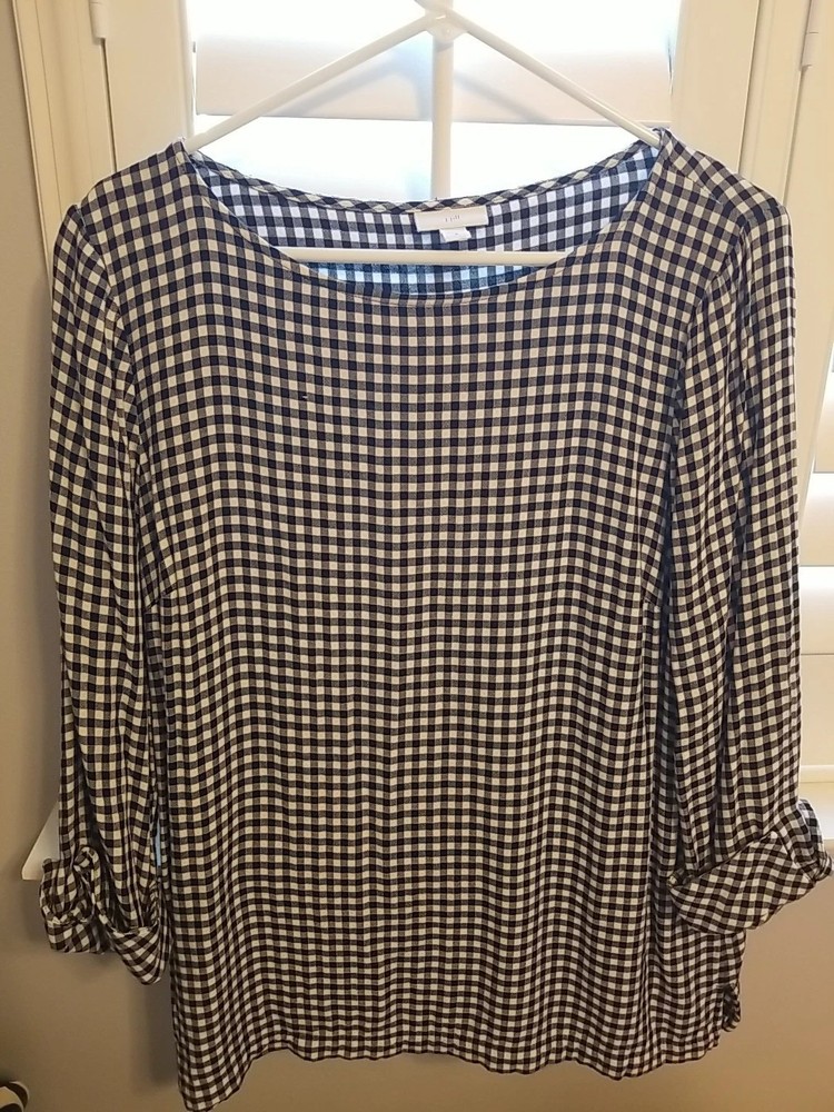 J.Jill Top Black/White Check  Pullover 3/4 Sleeves Rayon Size M NEW
