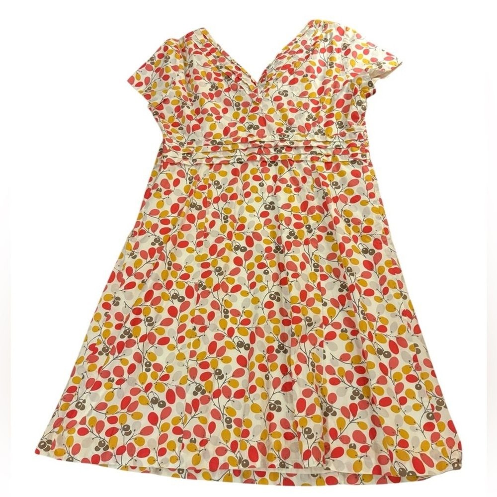 Boden Regatta Dress Olive Branch Print Lined Pleated Cotton V Neck Womens 14 R