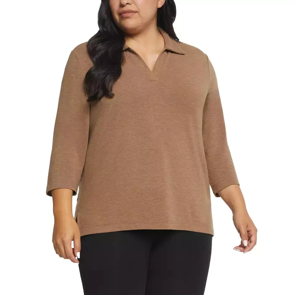Matty M Women's The Johnny Collar Polo Top, Heather Camel, Size XL