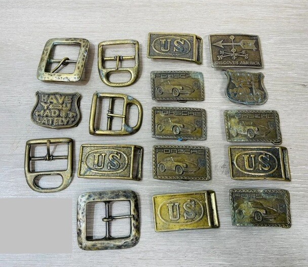 17 Vintage Solid Brass Belt Buckles Lot  Porsche Military America Novelty
