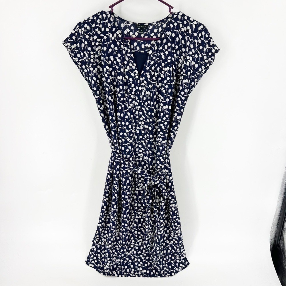 ✅ TALBOTS NAVY WHITE FLORAL BELTED DRESS SIZE 4