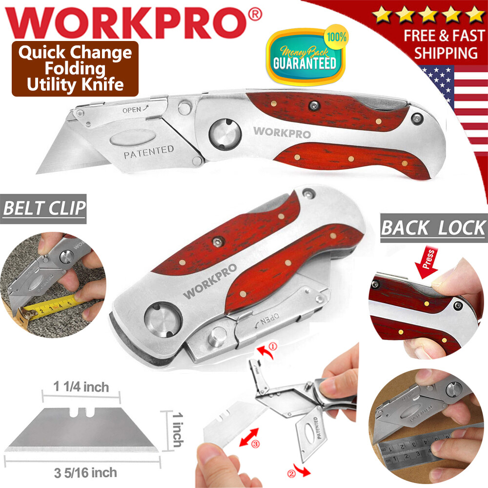 WORKPRO Folding Utility Knife Quick-Change Box Cutter Retro Wood Grain Handle US