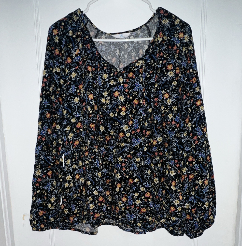 Time and Tru Women's Blouse XL Black/Multicolor Floral V-Neck Long Sleeve