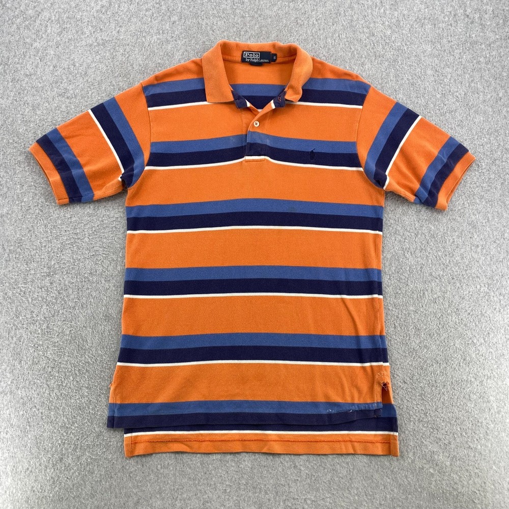Polo Ralph Lauren Shirt Men's Small Blue Orange Stripe Cotton Pique Rugby Pony