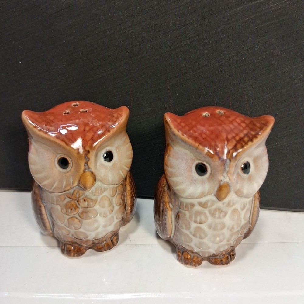 Vintage Glazed Ceramic Owl Salt & Pepper Shakers W/ Stoppers 3”