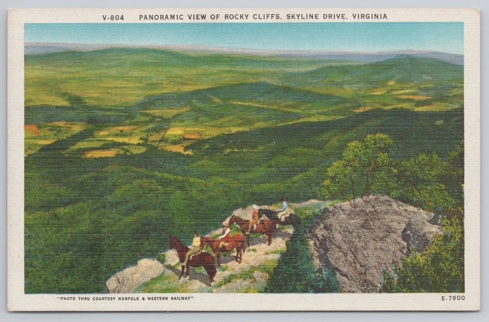 Postcard PANORAMIC VIEW OF ROCKY CLIFFS SKYLINE DRIVE VIRGINIA People on Horse's