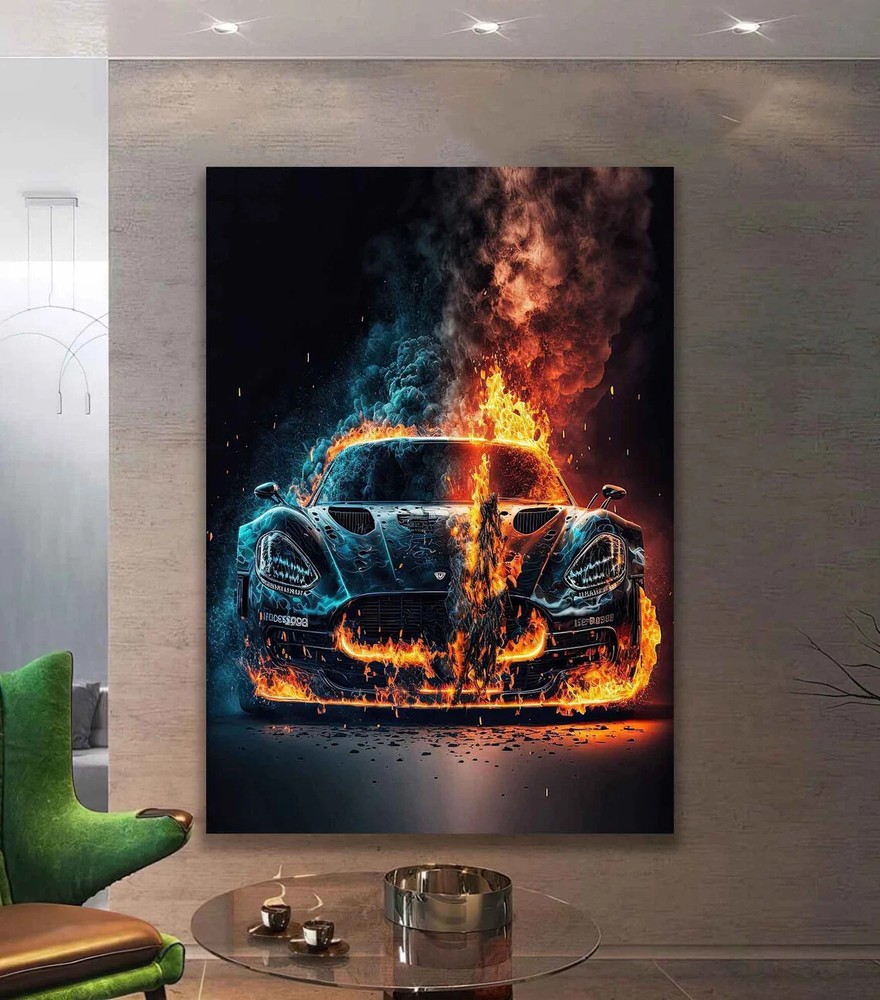 Burning Sports Car, Modern Vintage Car Print Wall Art Canvas Unframed Print Art