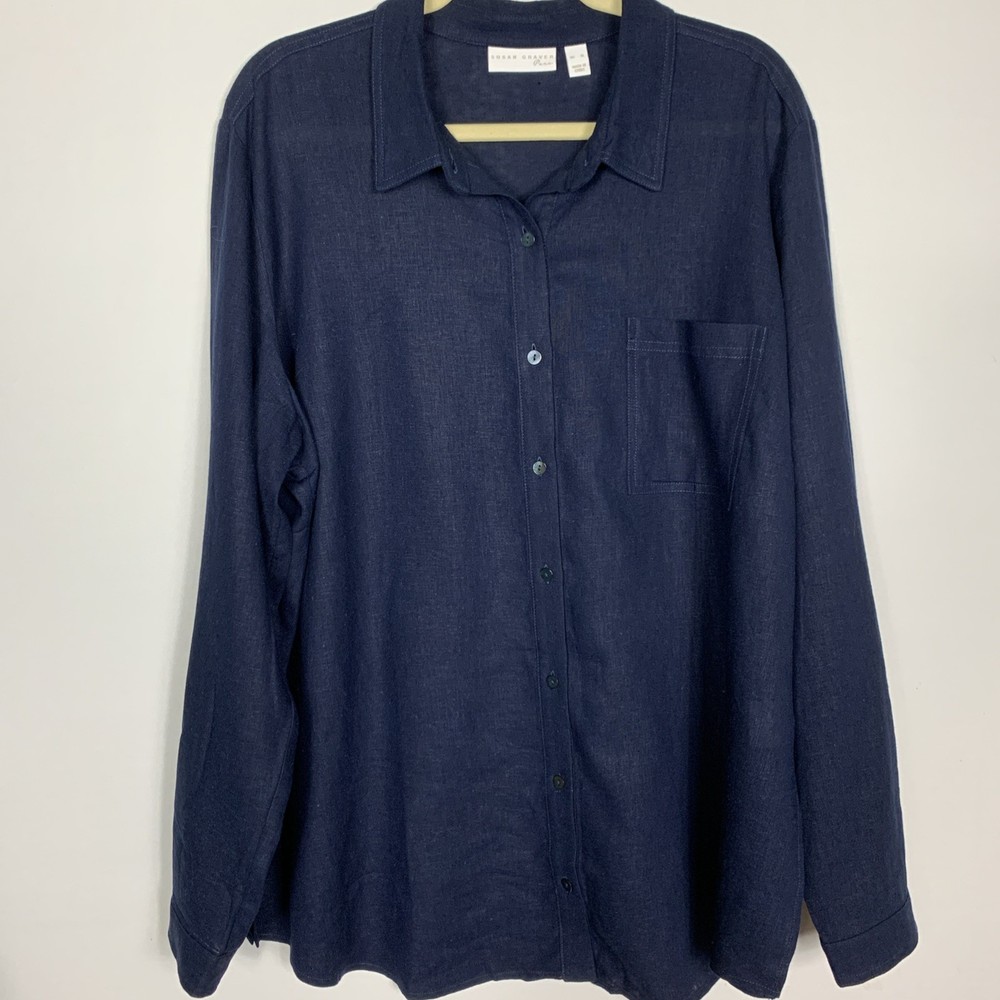 Susan Graver Pure Womens XL Linen/Rayon Button Up Blouse Long Sleeve Navy Blue