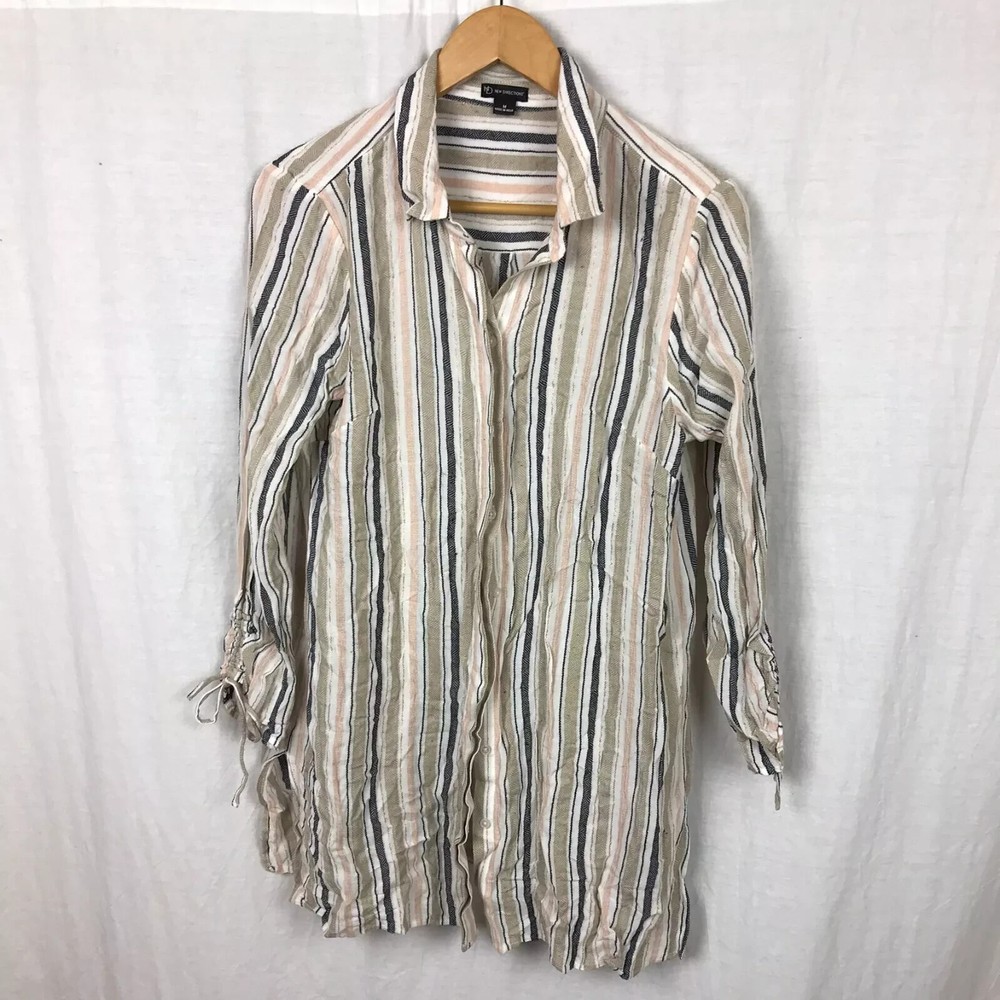 New Directions Women's Striped Button Front Tunic Shirt 3/4 Sleeve Size Medium