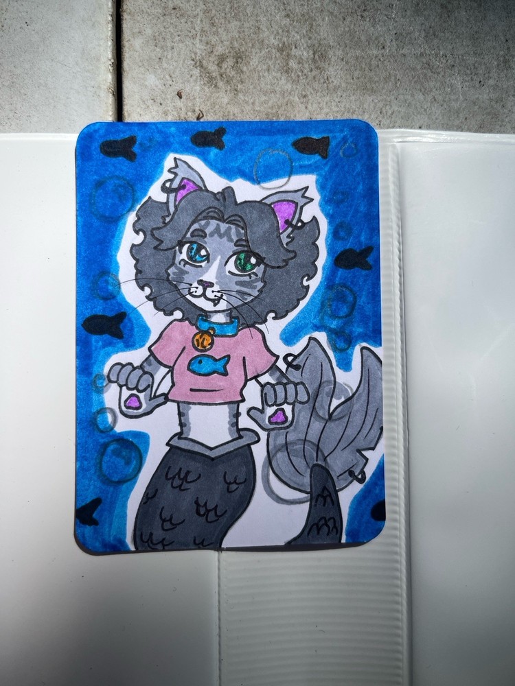 ACEO Cat Fish Pun Mermaid! Hand Drawn. Sharpie And Ink Pen Art Card In Sleeve