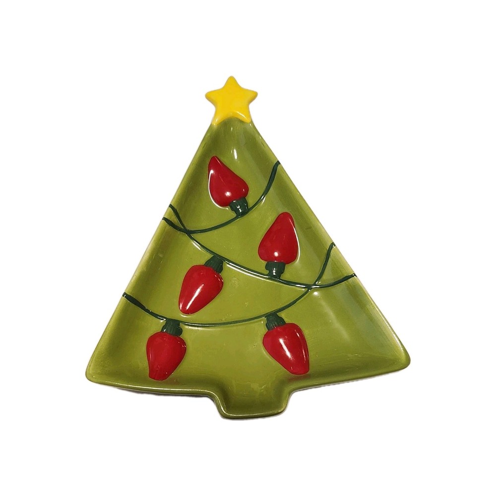 Hallmark Christmas Green Tree Holiday Candy Dish Small Serving Plate Red Lights