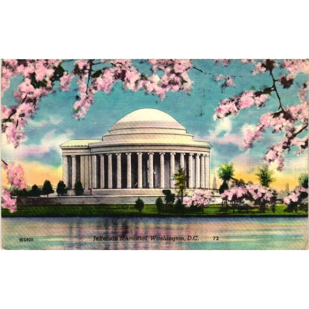 Vintage Jefferson Memorial Washington DC Linen Postcard Cherry Blossoms 1954