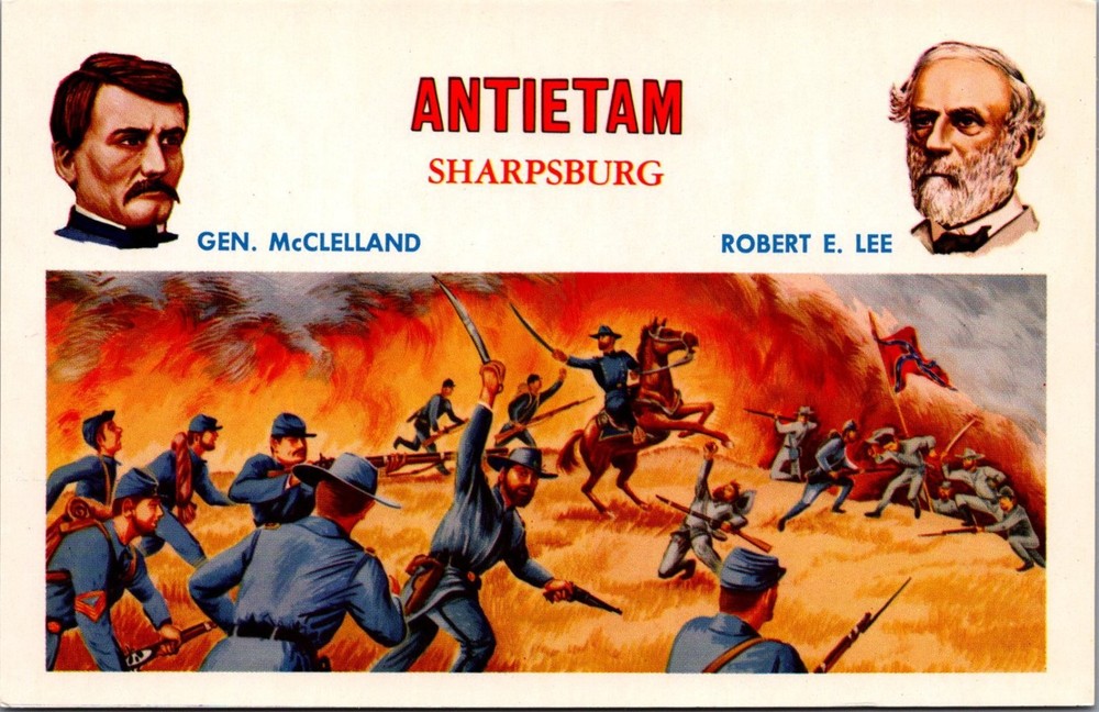 Antietam Sharpsburg Civil War Postcard Gen McClellan Robert E Lee Color Art