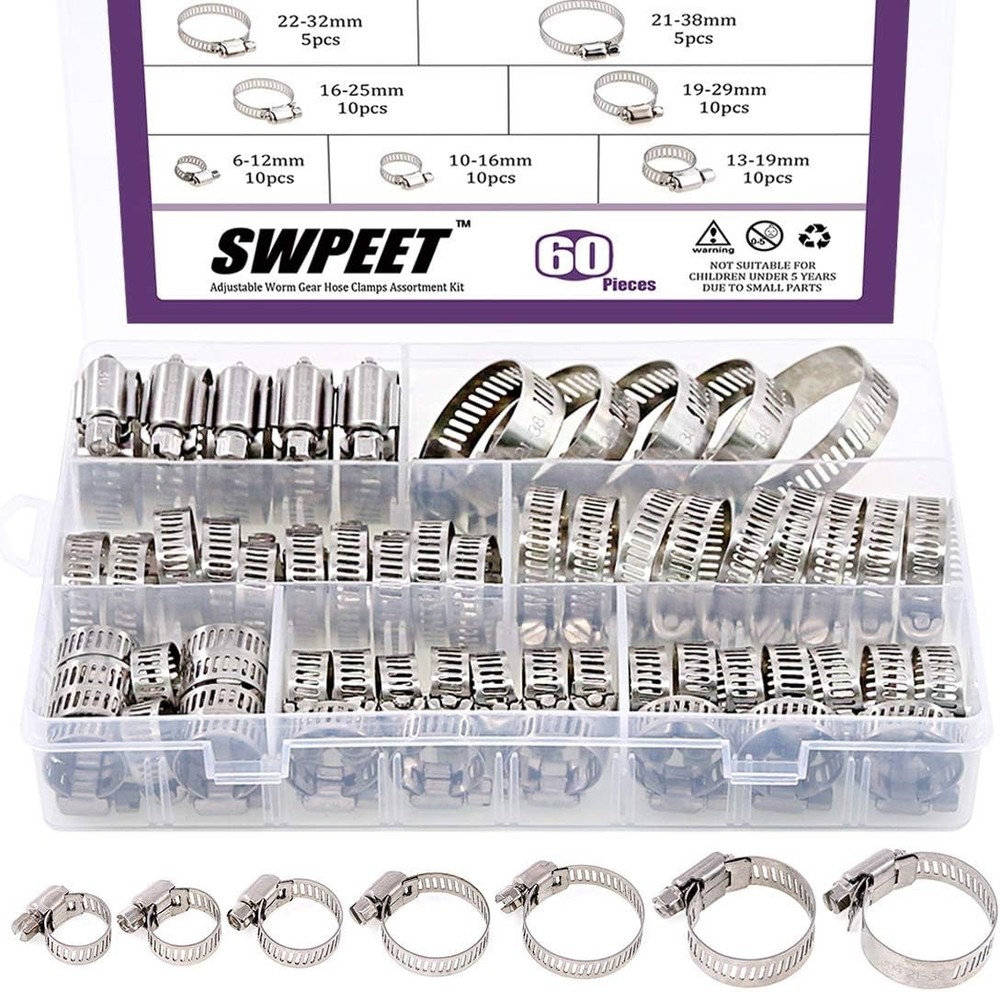 Swpeet 60Pcs Assorted Sizes Hose Clamps Kit, 304 Stainless Steel Metallic
