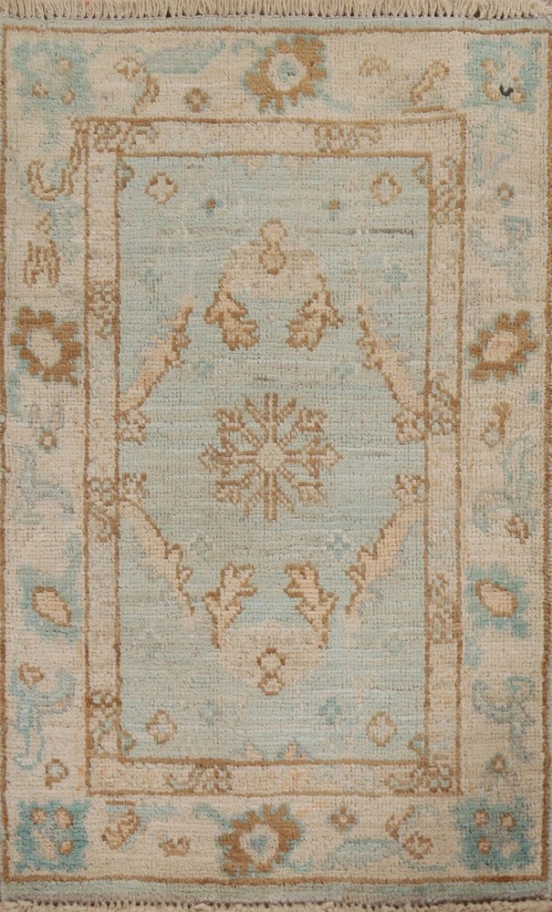 Hand Knotted Oushak Rug Wool Area Rug Light Blue Cream Traditional Turkish Rug