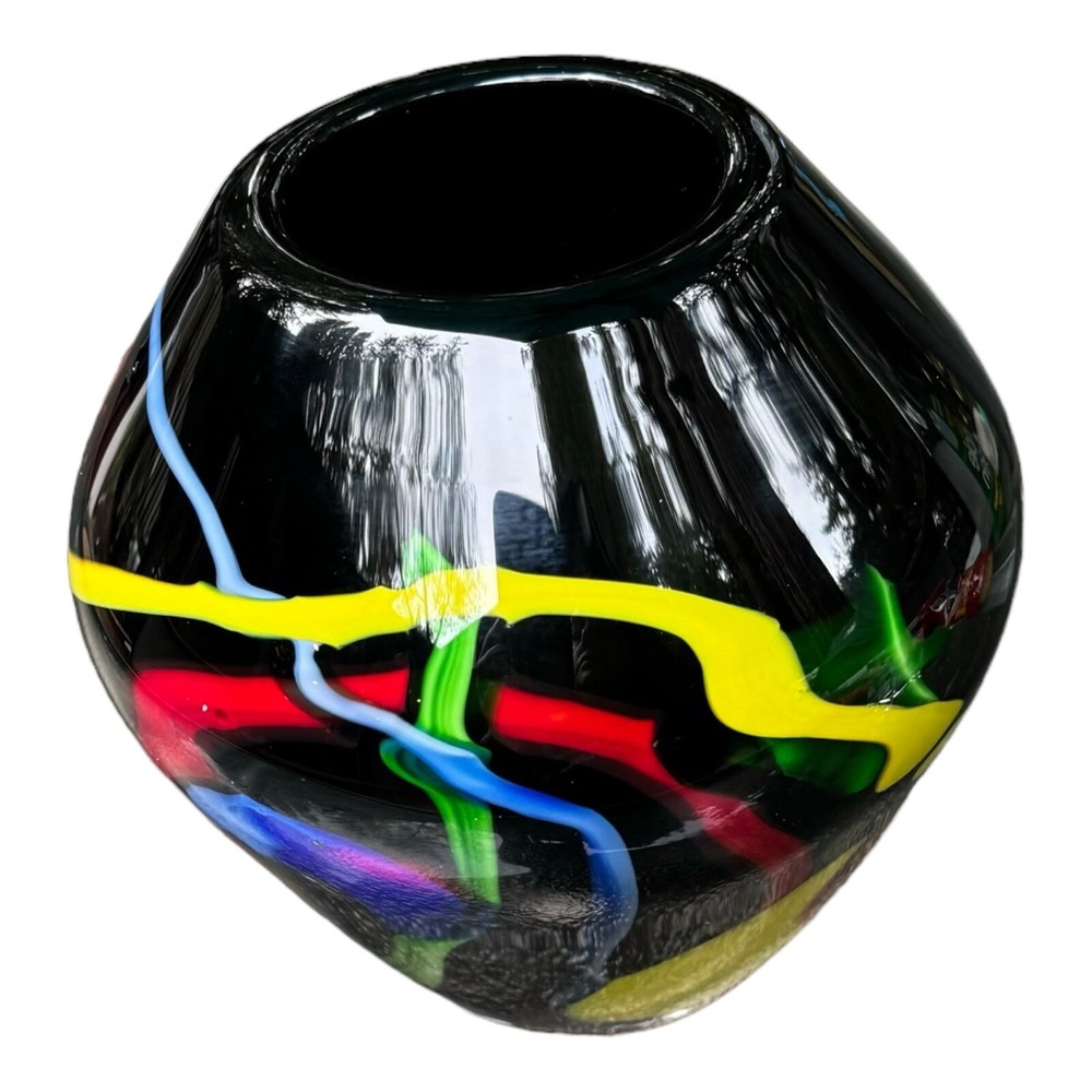 Abstract MCM Glass Vase in Black Amethyst with Multicolored Swirls  -image