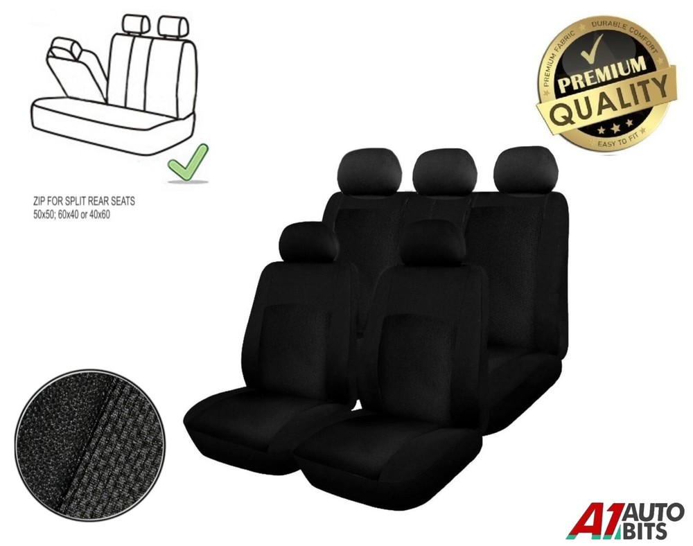 Car Split Rear Seat Covers Full Set Black Premium Fabric For Kia Hyundai