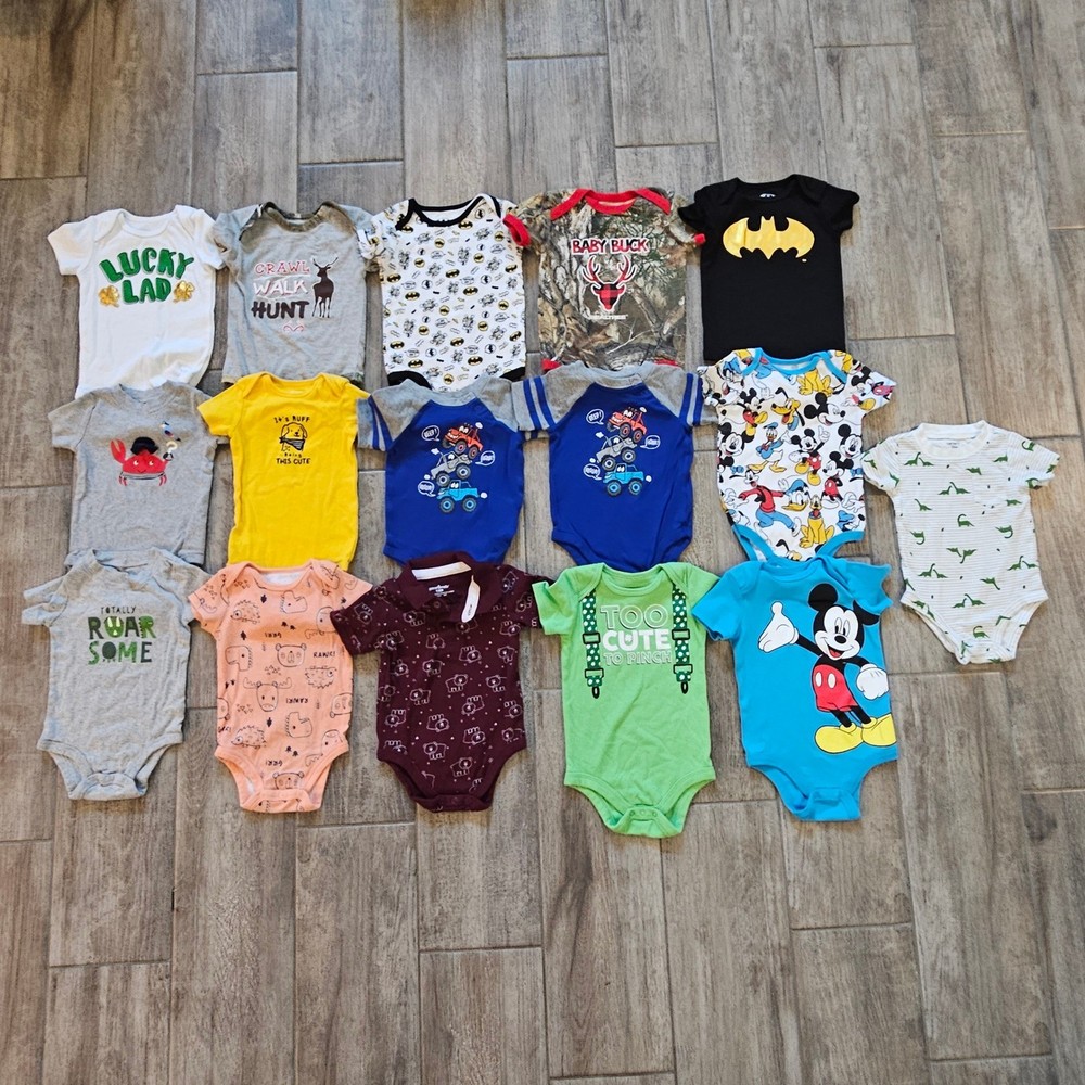 Baby Boy Bodysuit Clothing Lot of 16 Size 12M Disney Batman Dino Short Sleeve