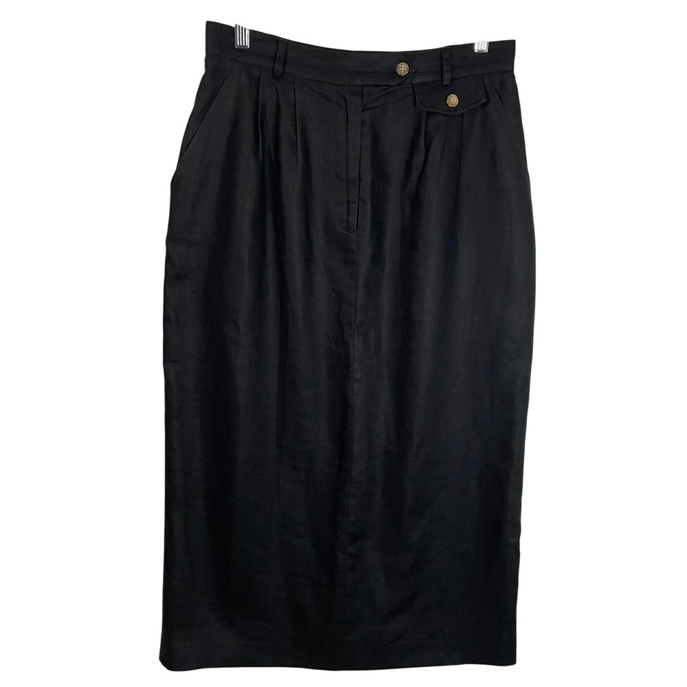 Talbots Womens 12 Black Linen Pleated Midi Pencil Skirt High Waist Side Pockets
