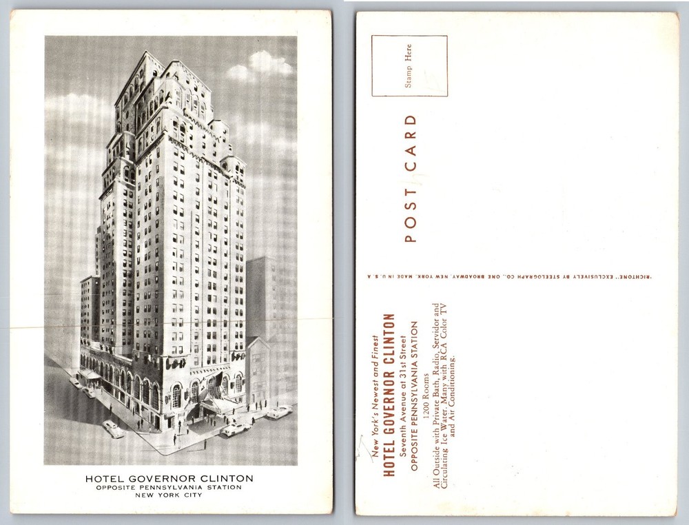 Hotel Governor Clinton NYC Steelograph Postcard New York City 1940s 1950s