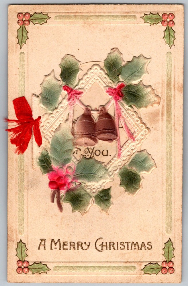 Antique Postcard Christmas Bells Holly Wreath 1910s