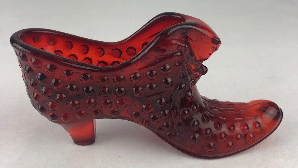 Vintage Fenton Ruby Red Hobnail Glass Cat Slipper Figurine  