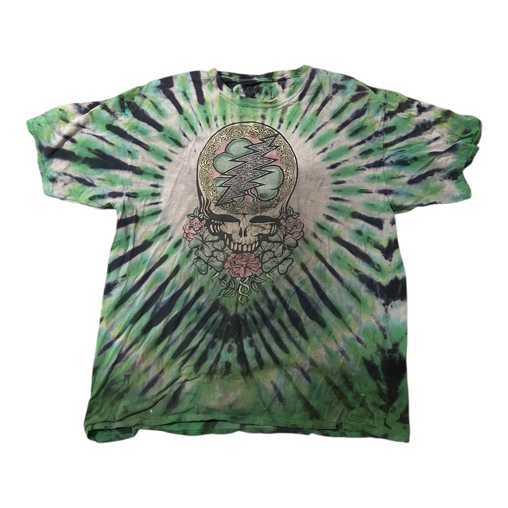 Grateful Dead Green Tie Dye T-Shirt Skull Lightning Bolt Adult Size XL