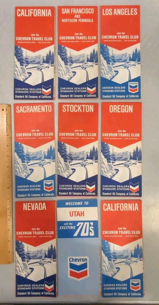 9 Vintage CHEVRON Road Maps States Cities CA OR NV UT San Fran LA Sac Stockton